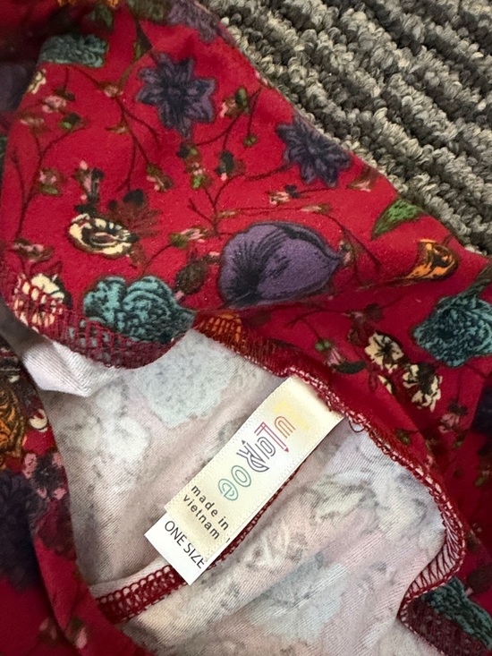 LuLaRoe Red Floral Print Leggings with Teal & Purple Accents - Picture 2 of 2